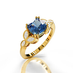 Majestic yellow gold ring with a deep blue sapphire, framed by marquise and round diamonds. A timeless, royal-inspired design.