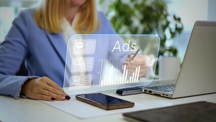 Businesswoman using virtual display, analyzing ads and graphs. AI technology in digital marketing and online advertising analysis. 3D graphic