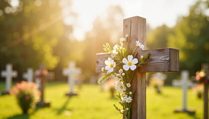 Wooden Cross Adorned with Flowers in a Cemetery