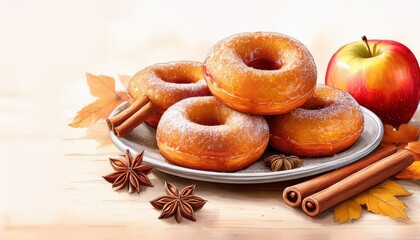 High-Quality Illustration: Banner Featuring Delicious Apple Cider Donuts with Cinnamon Sugar – Perfect Comfort Food for the Fall Season