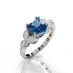 Stunning white gold ring with a deep blue sapphire, complemented by marquise and round diamonds. A regal choice for elegant jewelry lovers.