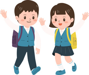 Fototapeta premium students in a school uniform waving hello, 손 흔들며 인사하는 교복 입은 학생들, 친구