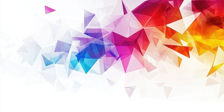 Colorful background with polygonal shapes, illustration, white space in the center of the composition, white background, colorful triangles, geometric design Generative AI