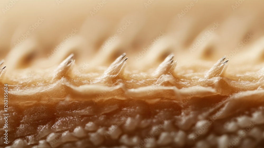 Poster close-up view of textured surface with ridge and spike features in natural lighting conditions