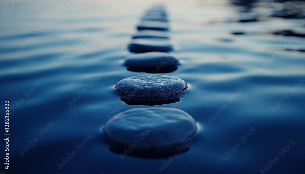 Poster tranquil water scene with smooth stones creating a serene path in calm blue rippling surface