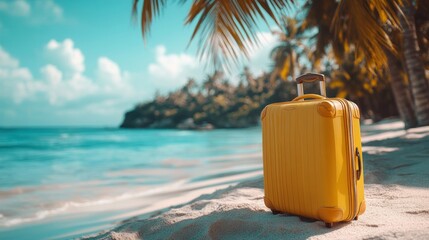 Relaxing beach scene with yellow suitcase on sandy shore near turquoise water and palm trees under clear skies
