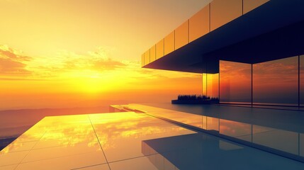 Modern Minimalist Architecture with Stunning Sunset Reflection Over a Scenic Skyline