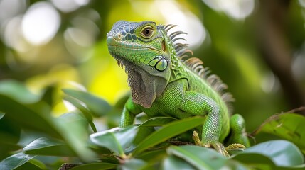 Green iguana rests on lush leaves surrounded by vibrant foliage in a tropical setting during daylight