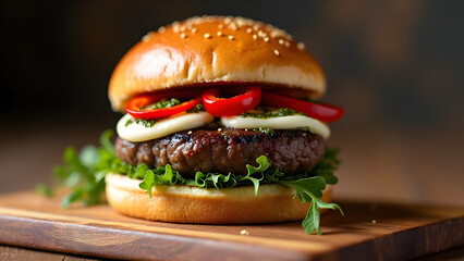 Gourmet Beef Burger Crowned With Roasted Red Peppers Mozzarella And Pesto Styled Elegantly On Wooden Board