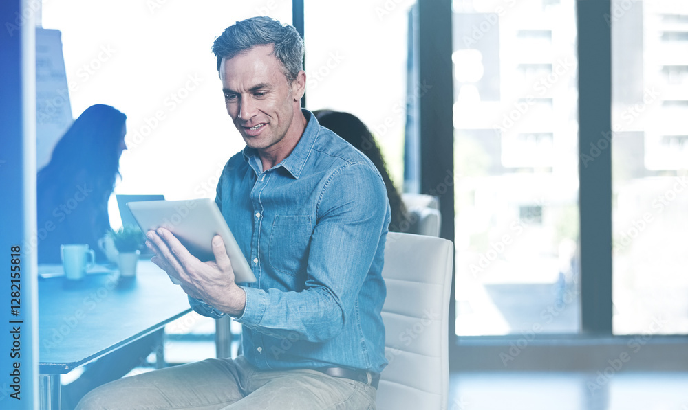 Fototapete happy, online and man with tablet, office and software developer with skills, programming and resear
