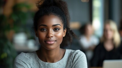Fototapeta premium Young Woman with Beautiful Smile in Modern Cafe Setting