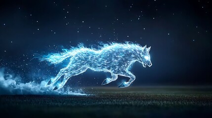 Ethereal glowing horse galloping through a starry night sky with mystical energy trails