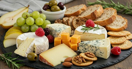 Elegant cheese platter with fruit and bread