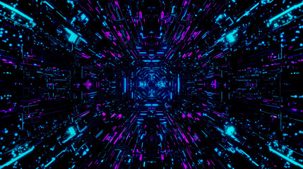 Fototapeta premium A dark tunnel with blue and purple lights in it