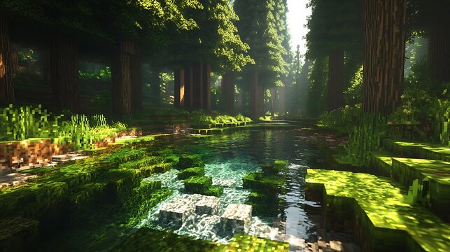 A forest glade illuminated by dappled sunlight, with a crystal-clear stream running through moss-covered stones