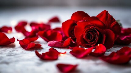 red rose petals scattered on a glowing white background, delicate and romantic composition, vibrant and textured design, bold and dreamy atmosphere