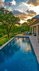 Fototapeta premium A swimming pool in the middle of a lush green yard