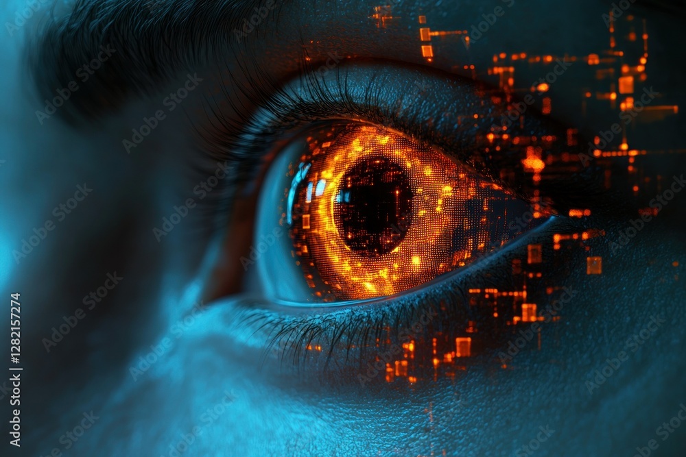 Poster intricate digital eye with neon patterns and glowing elements on a futuristic background