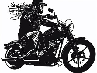 Biker with flowing hair riding a cruiser motorcycle