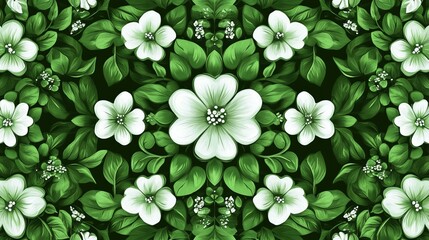 Seamless floral design with green and white tones, vibrant and cheerful, artistic and detailed, traditional and decorative, engaging and bright, symmetrical