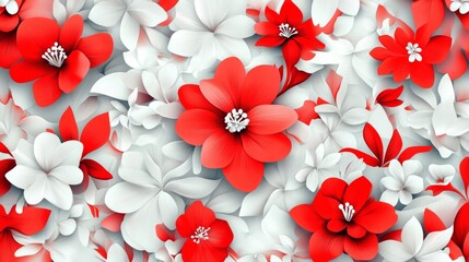 Seamless floral design with vibrant red and white tones, artistic and decorative, cheerful and bright, traditional and symmetrical, engaging and colorful