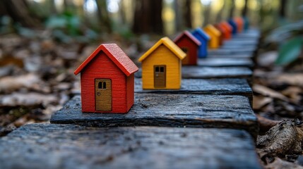 Colorful miniature houses lined along a wooden path in a serene forest setting
