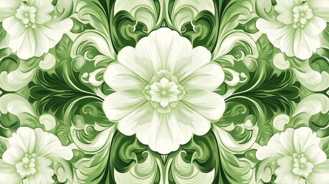 Seamless floral design with green and white tones, vibrant and cheerful, artistic and detailed, traditional and decorative, engaging and bright, symmetrical