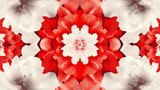 Seamless floral design with vibrant red and white tones, artistic and decorative, cheerful and bright, traditional and symmetrical, engaging and colorful