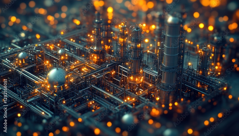 Poster detailed view of a futuristic industrial complex with illuminated pipelines and structures