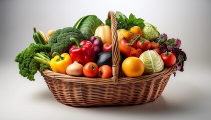 A Big Basket Filled with Colorful Fruits and Vegetables – Isolated on a White Studio Background