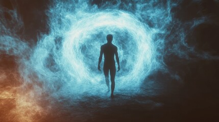 Obraz premium Shadowy figure emerging from glowing portal, swirling cosmic mist, mysterious and powerful