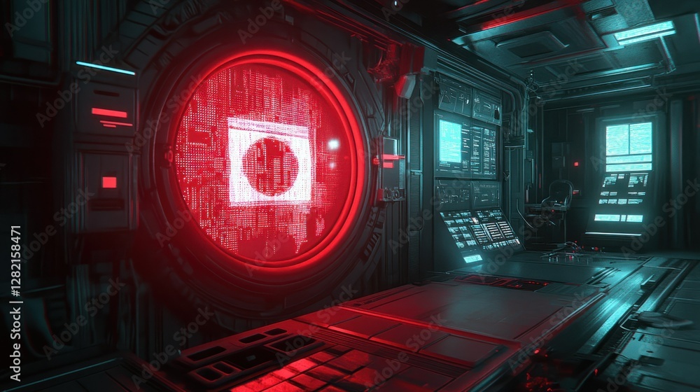 Poster futuristic sci-fi control room with red lighting and digital screens displaying data and graphics
