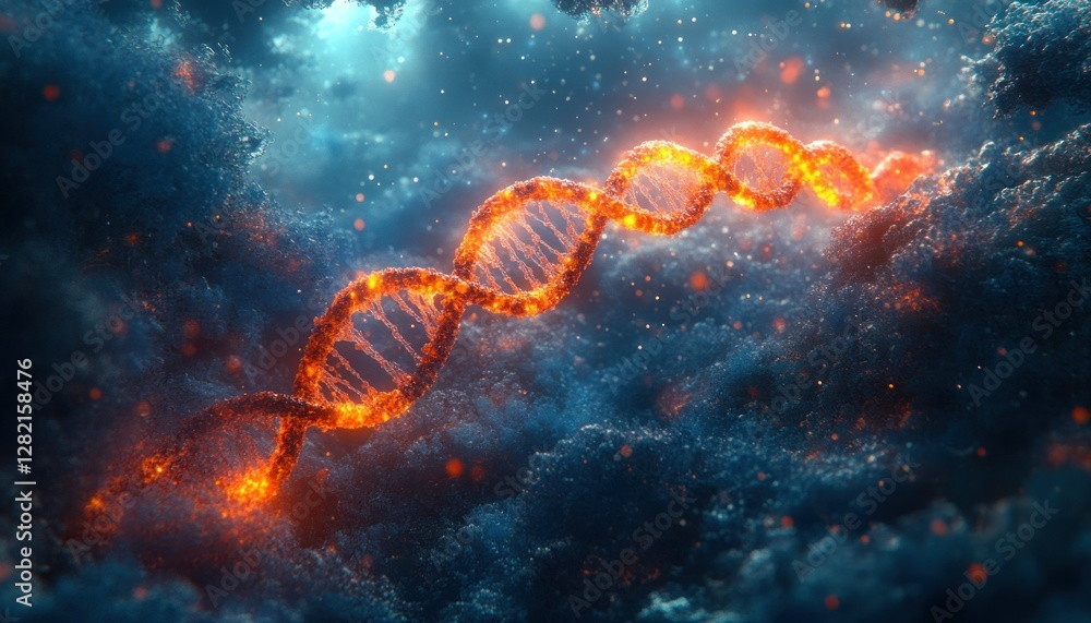 Poster glowing dna helix in ethereal cloudy space background with sparkling light effects