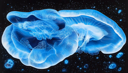Two glowing jellyfish in space, night sky backdrop.  Possible use scientific illustration, abstract art
