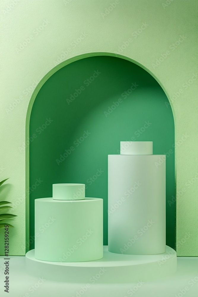 Aufkleber minimal green abstract background with two cylinder podiums under arch