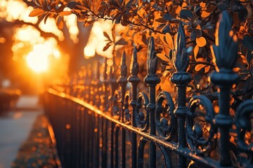 Sunset Illumination Through Iron Fence with Leaves and Trees in Warm Golden Light