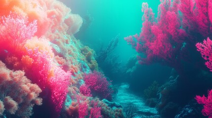 Naklejka premium Surreal biome glowing in gradient neon light, blending from coral pink to teal green, vibrant and lush
