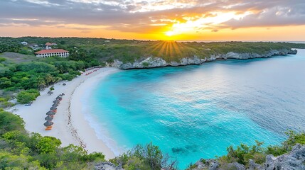 Obraz premium A lush tropical cove with calm turquoise waters and overhanging greenery illuminated by golden sunlight