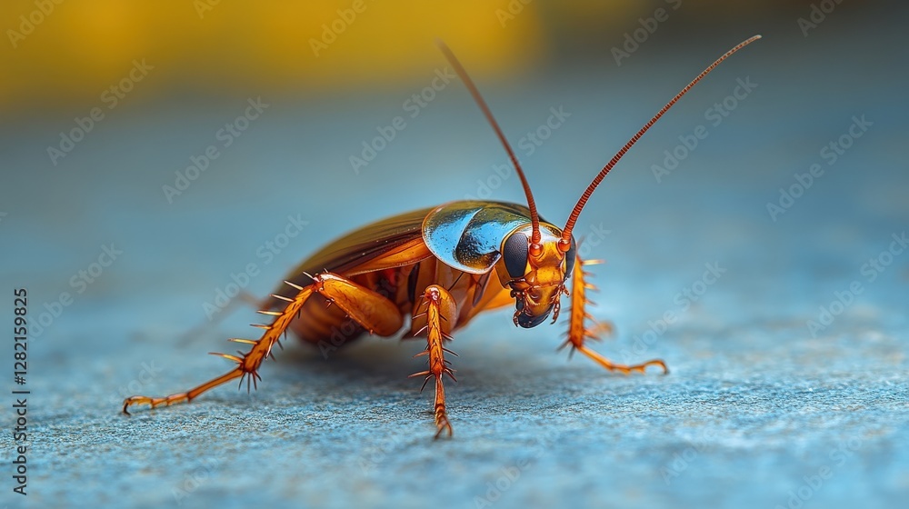 Poster close-up of a vibrant cockroach on a textured surface with a blurred background