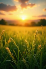 Fototapeta premium Golden hour light bathes idyllic meadow, blurred sunset , photo, sun