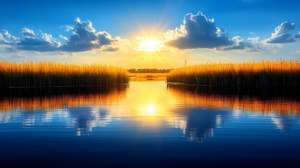 A tranquil prairie with tall golden grasses swaying under a vast blue sky