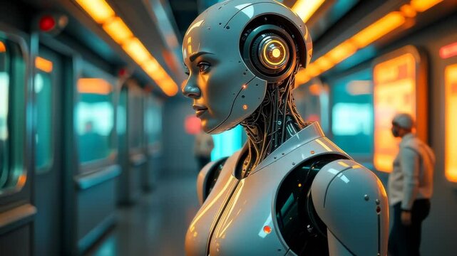 Fembot in Futuristic Corridor: AI, Technology, and the Future of Humanity