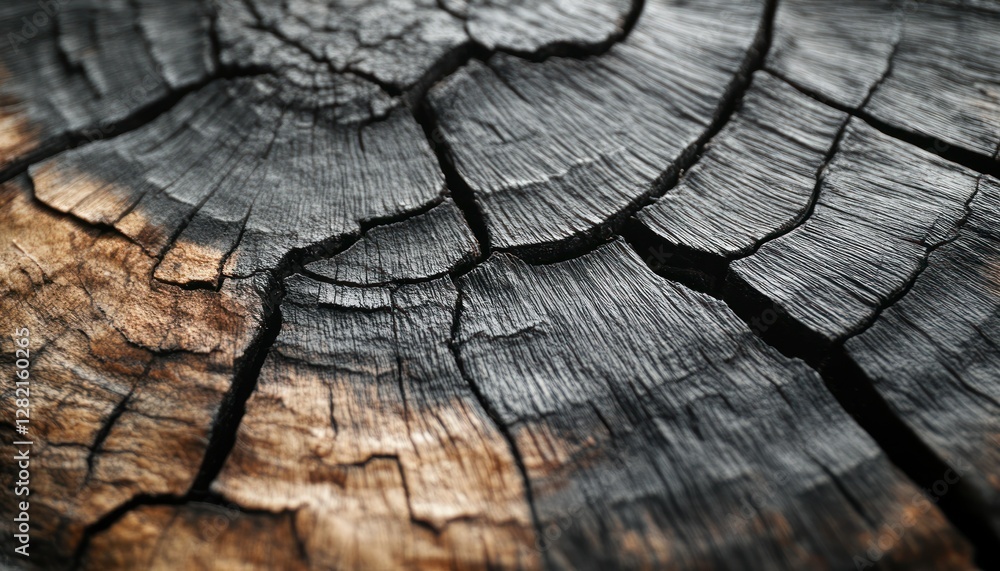 Poster close-up of textured charred wood with cracks and natural patterns for nature and design uses