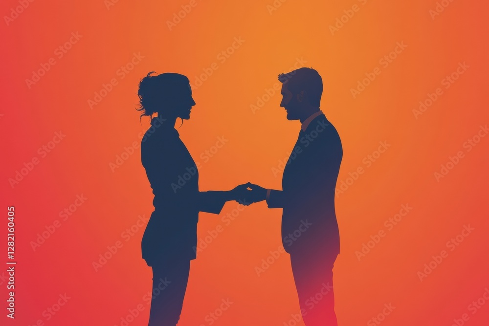 Aufkleber Silhouettes of two people agreeing on a business deal at sunset in an abstract visual presentation. Generative AI