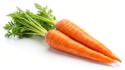 Two Fresh Carrots with Tops on White Background