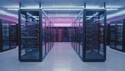 A futuristic data center with neon-lit server racks and advanced technology. Perfect for themes of data storage, cloud computing, cybersecurity, and the digital future