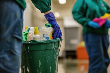 Janitor carrying cleaning supplies in hallway