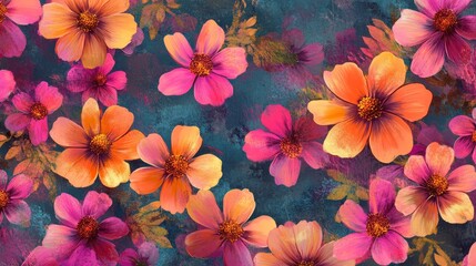 Obraz premium vibrant floral pattern with pink and orange blossoms on a bold background, dynamic and cheerful composition, textured and modern design, bright and radiant tones