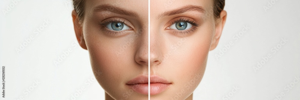 Aufkleber Split screen portrayal of a womans face showing contrasting skin textures highlighting aging and youthfulness. Generative AI