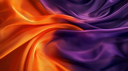 Obraz premium Vibrant flowing silk with glowing orange and purple highlights, luxurious and fluid, deep shadows, smooth texture, artistic and dynamic, abstract background